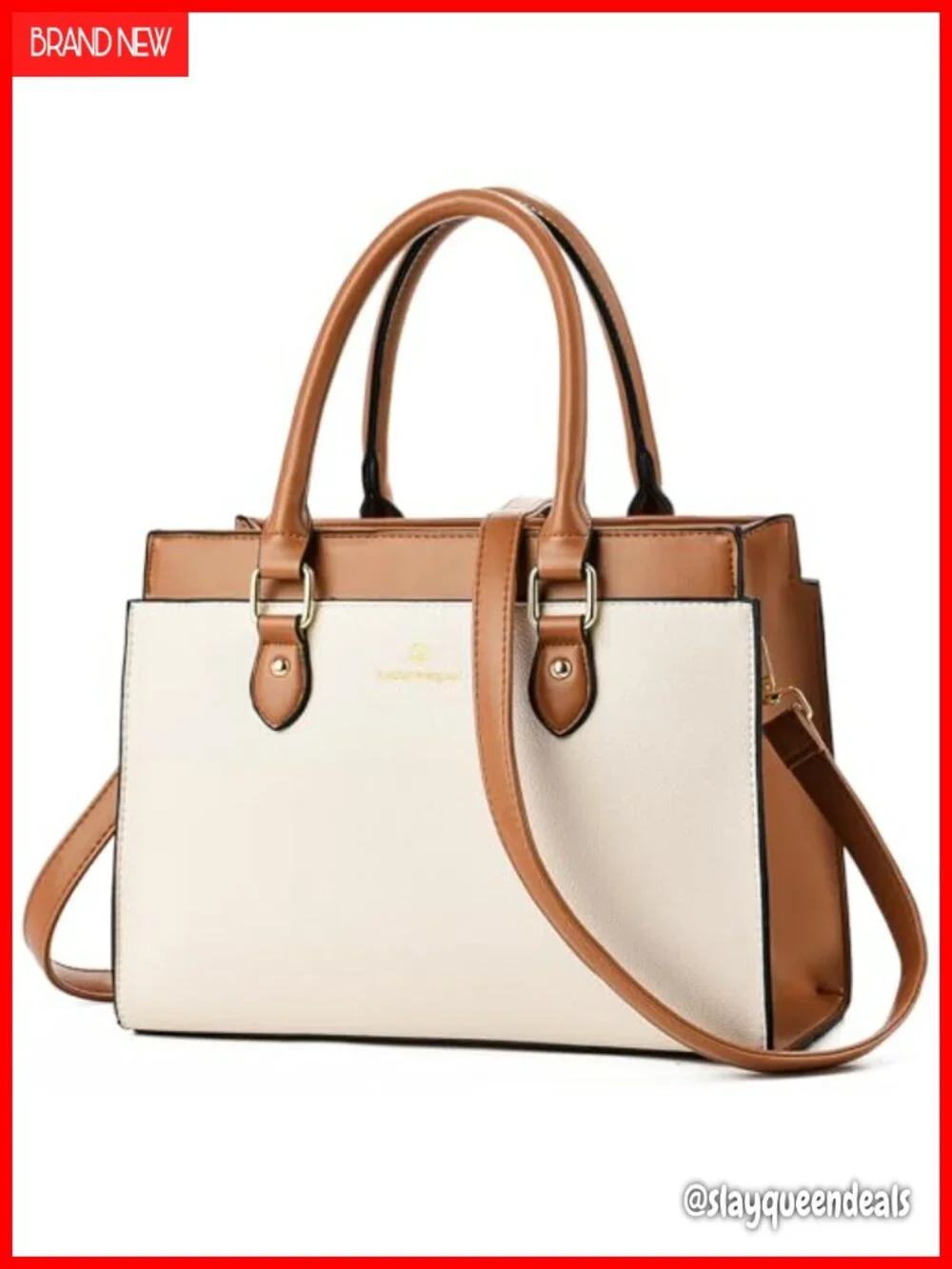 Faux Leather Dual-tone Satchel Handbag with Crossbody Strap, Top Handle Tote